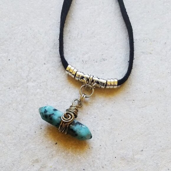 Unique Rustic Rugged Tomboy Necklace ~ Blue Kiwi Jasper + Black Cordage - Picture 6 of 8